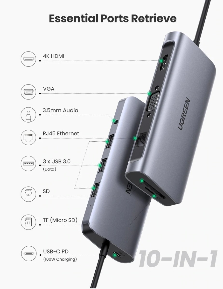 Foto 3 pulgar | Hub 10 en 1 USB-C Ugreen 80133 color Gris HDMI VGA RJ45 Jack USB 3.0 SD/TF Pd