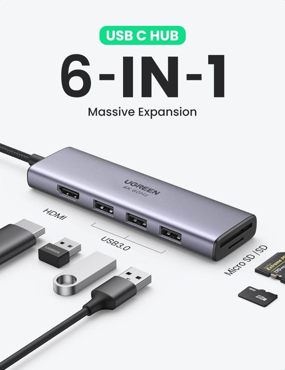 Foto 2 | Hub 6 En 1 Usb C Ugreen Hdmi 4k 3usb 3.0 Sd/tf No Pd Premium