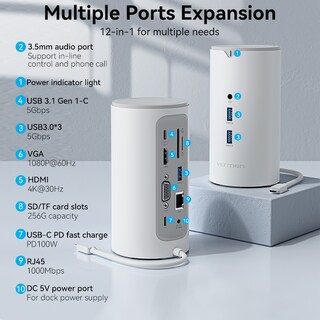 Foto 3 | Dock 12 En 1 Usb C Vention Hub Hdmi Vga Rj45 5 Gbps 100w Pd