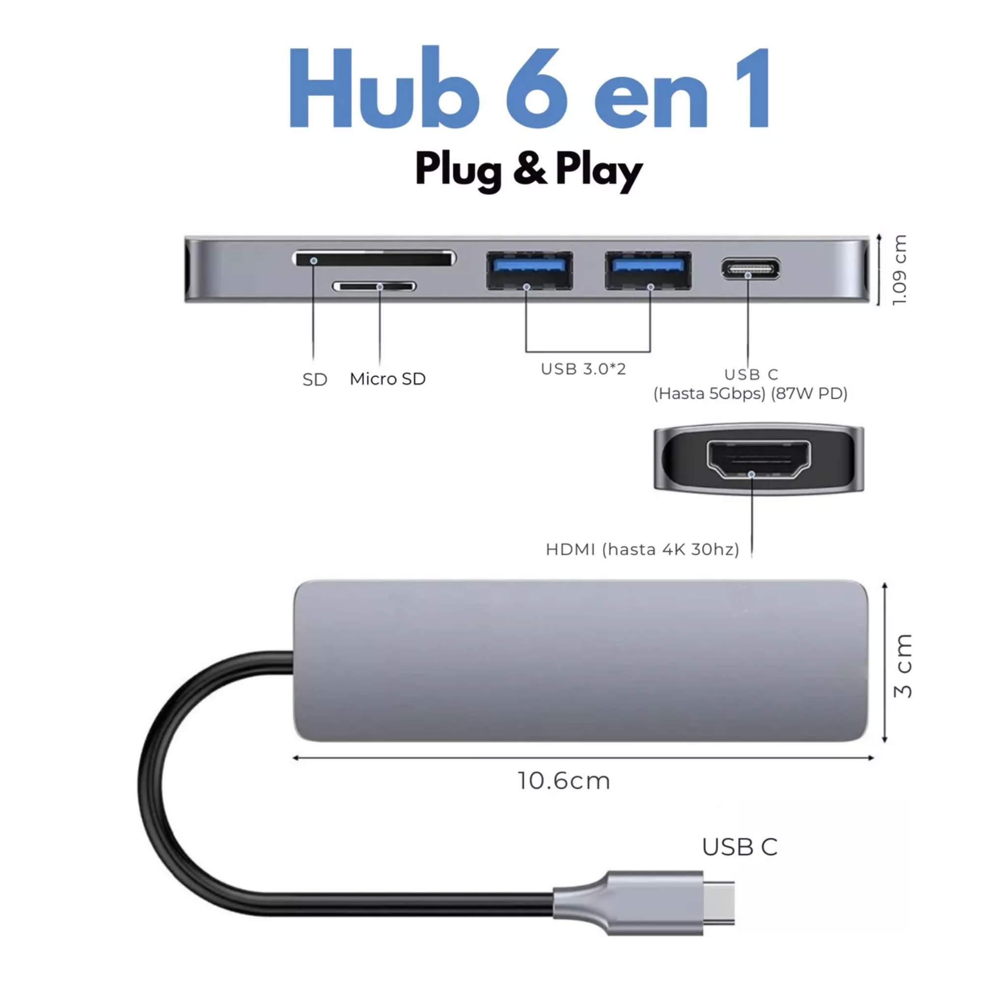Foto 2 | 6 en 1 USB Hub Adaptador SD PD Tipo C HDMI 4K para Mac iPad
