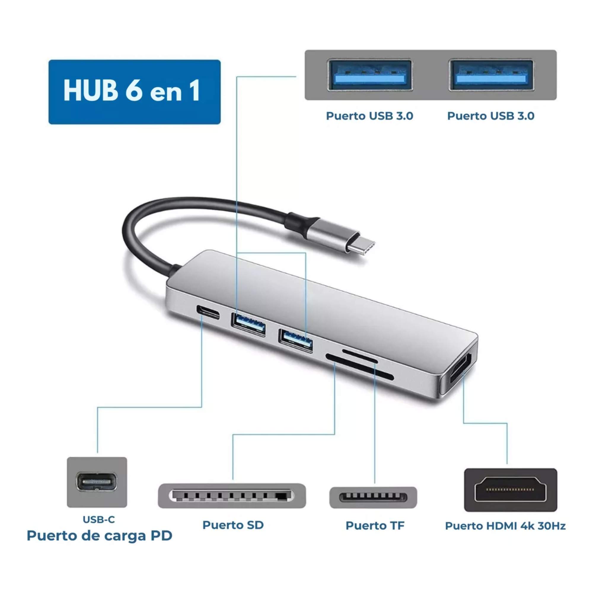 Foto 3 | 6 en 1 USB Hub Adaptador SD PD Tipo C HDMI 4K para Mac iPad