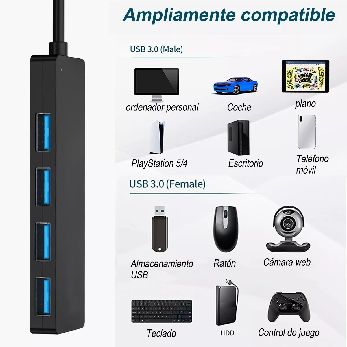 Foto 2 | Conector Múltiple Usb 3.0 De 4 Puertos Eo Safe Imports Esi-16177 Negro
