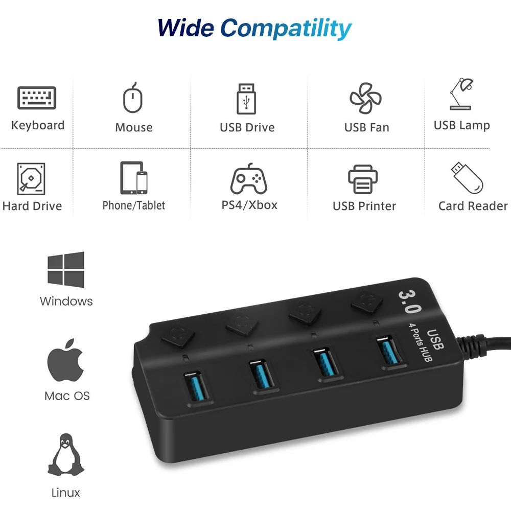 Foto 7 pulgar | Hub Usb 3.0 De 4 Puertos Con Conmutador Independiente Para Ordenadores Portátiles - Venta Internacional.