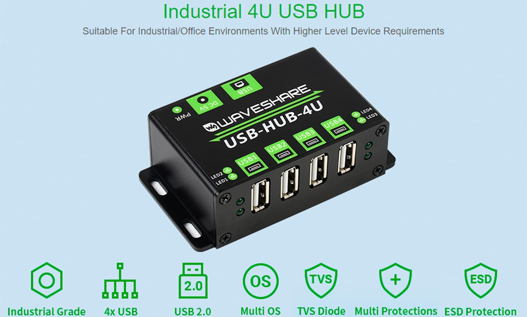 Foto 4 pulgar | Hub Usb Waveshare De Grado Industrial Que Se Extiende 4 Veces Más Puertos Usb 2.0 - Venta Internacional.