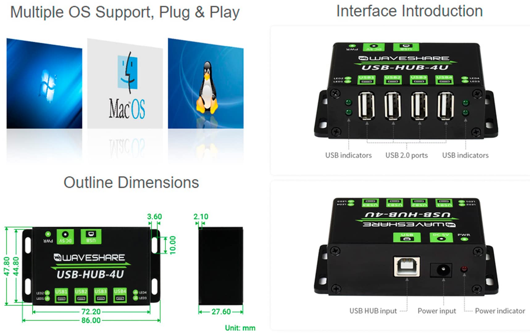 Foto 7 pulgar | Hub Usb Waveshare De Grado Industrial Que Se Extiende 4 Veces Más Puertos Usb 2.0 - Venta Internacional.
