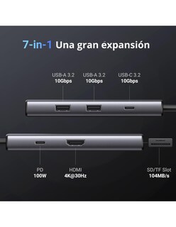 Foto 3 | Hub Usb-c 7 En 1 Cm498 Ugreen 2 Usb-a, 2 Usb-c, 1 Hdmi 4k/60hz Y Sd/tft