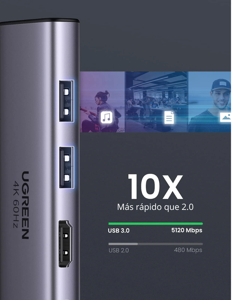 Foto 3 | Hub Usb-c 6 En 1 Ugreen 2 Usb-a, 1 Usb-c, Hdmi 4k/30hz Y Sd/tft