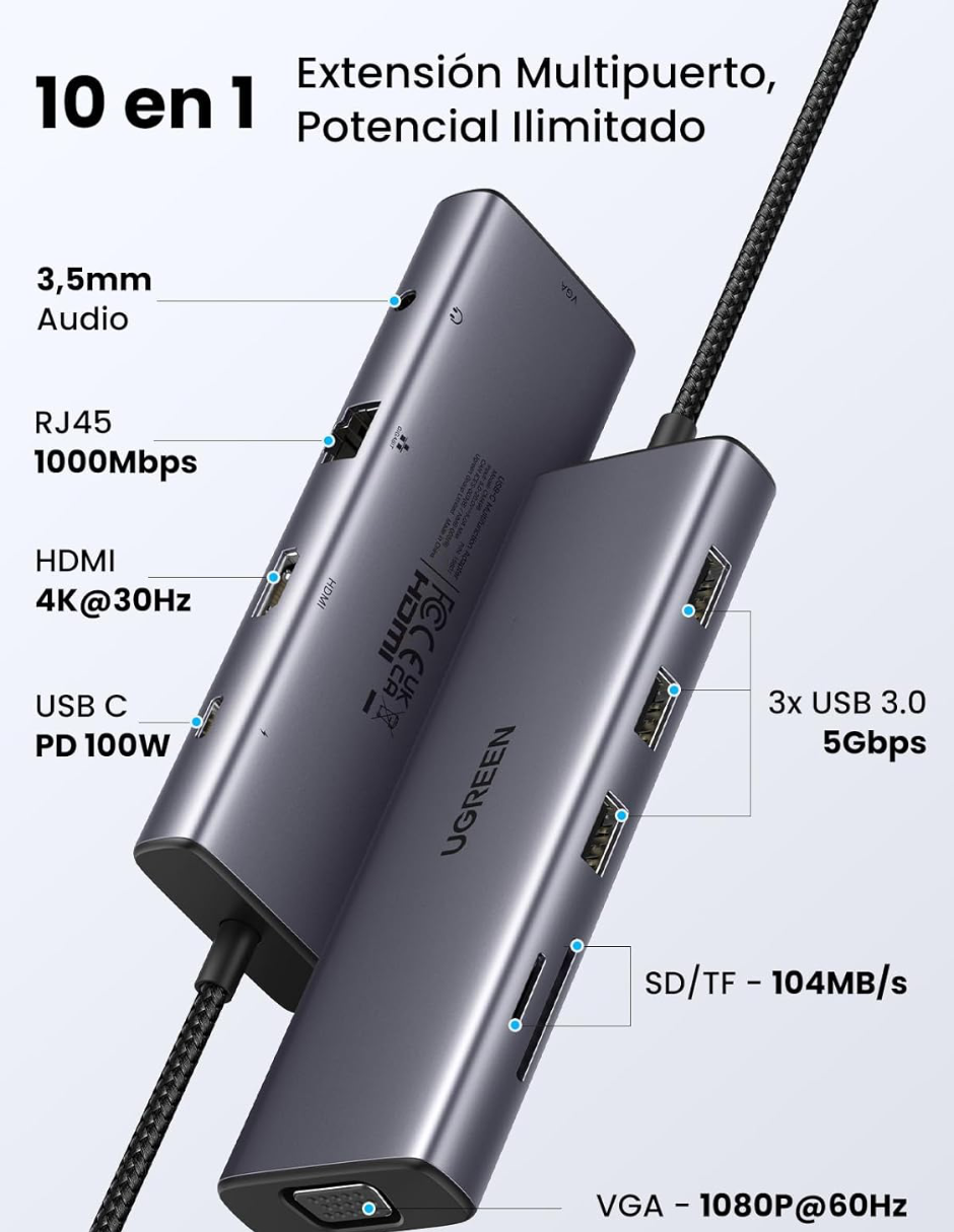 Foto 4 pulgar | Hub 10 En 1 Ugreen 3 Usb-a, 1 Usb-c, 1 Hdmi 4k/60hz, Sd/tft, Ethernet, Vga Y Jack 3.5