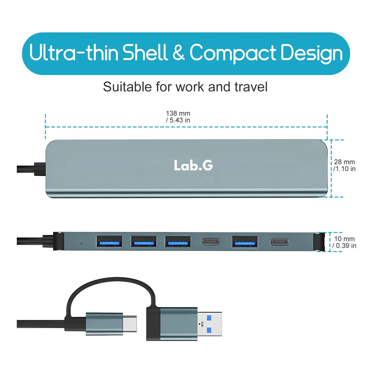 Foto 5 pulgar | Adaptador Usb Para Laptop Usb 3.0 5gbps 7 En 2 Hub Usb C Lab.g Gris