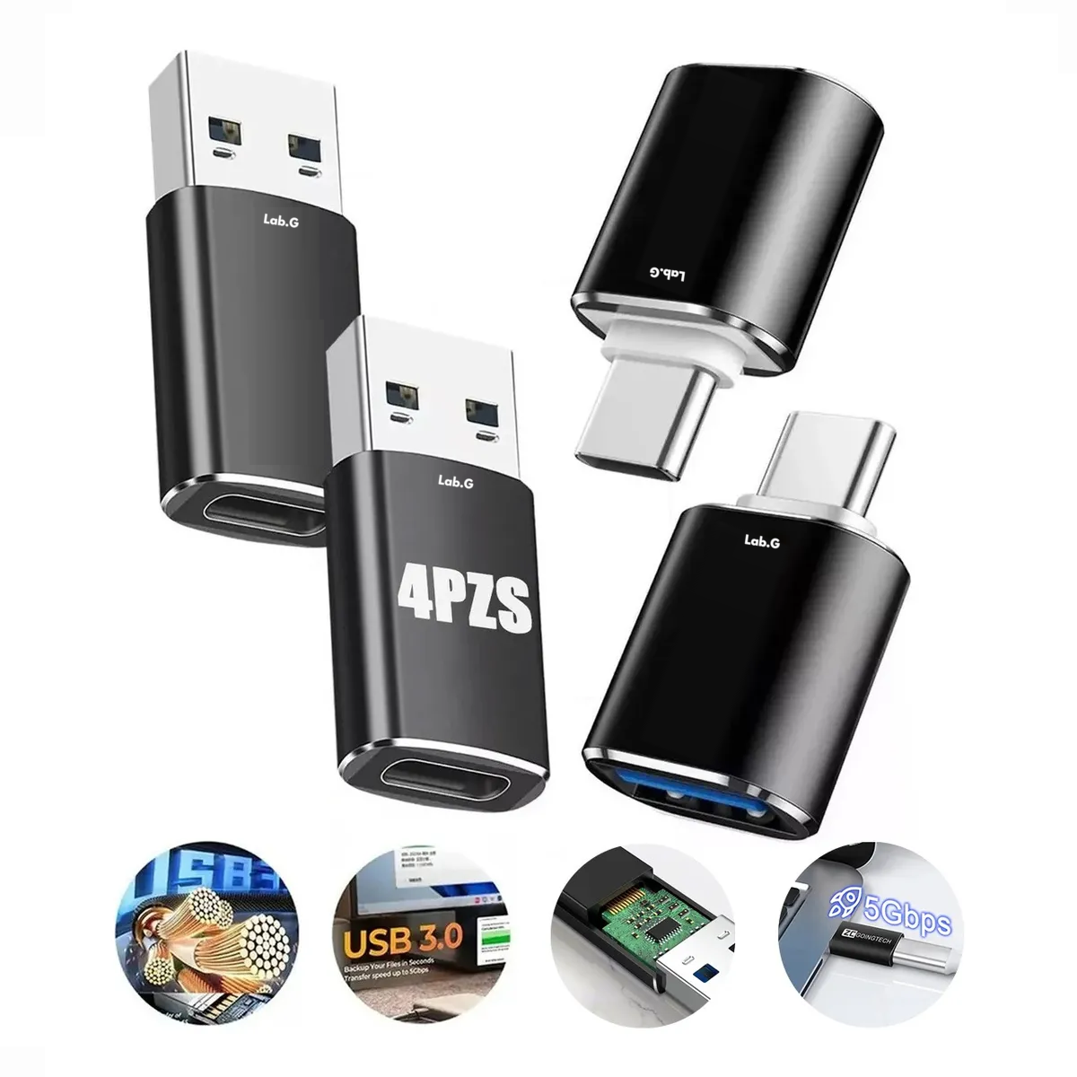 Foto 4 pulgar | 4 Piezas Adaptador Otg Usb Tipo C A Usb 3.0 5gbps Lab.g Negro