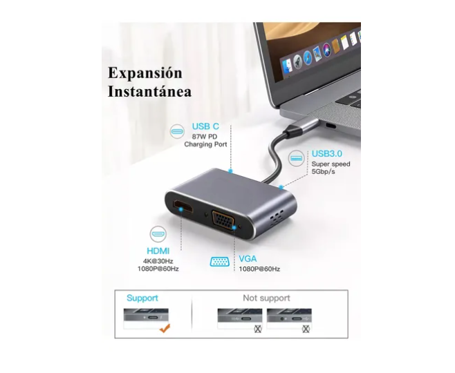 Foto 4 pulgar | Adaptador Xtellar  Usb C A Hdmi Vga Usb3.0 4k 4 En 1