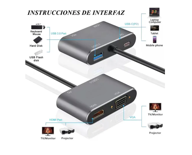 Foto 5 pulgar | Adaptador Xtellar  Usb C A Hdmi Vga Usb3.0 4k 4 En 1