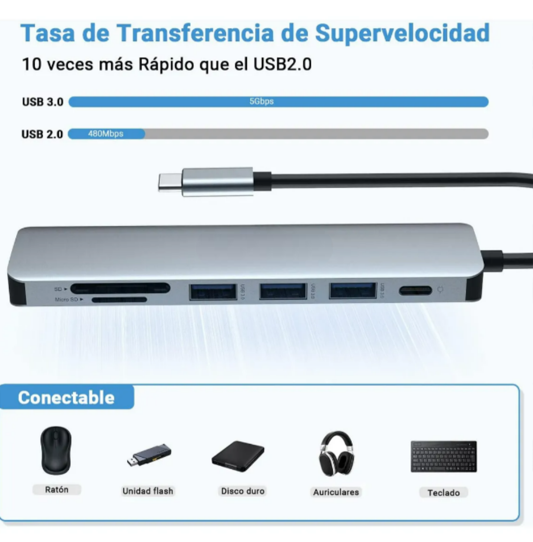 Foto 4 pulgar | Xtellar Adaptador Multipuerto 7 En 1  Hub Usb Tipo C Con Hdmi 4k Y 3 Puertos Usb 3.0: Elevando Tu Experiencia Digital