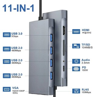 Foto 4 | Estación De Acoplamiento 11 En 1 Xtellar: Hub Usb-c Con Hdmi 4k 100w De Carga Rápida Vga Y Rj45 Ethernet