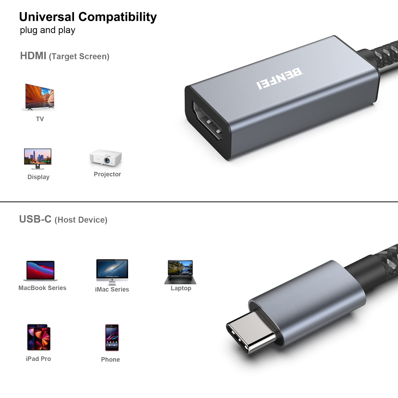 Foto 3 | Adaptador Usb C A Hdmi Benfei 4k @60hz Para Iphone 15 Pro/max - Venta Internacional.