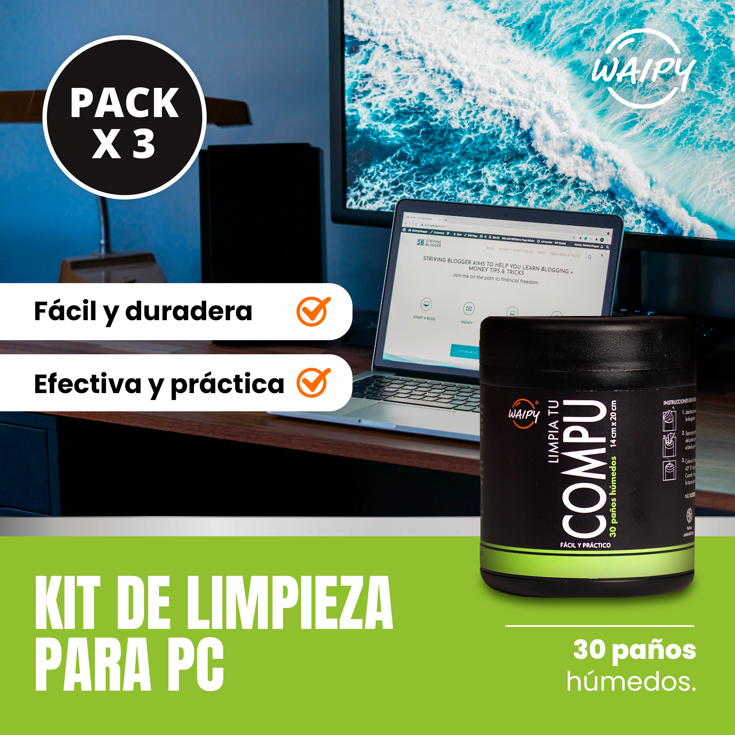 Foto 3 pulgar | Toallitas Húmedas Limpiadoras 3 Botes Limpia Tu Compu Waipy