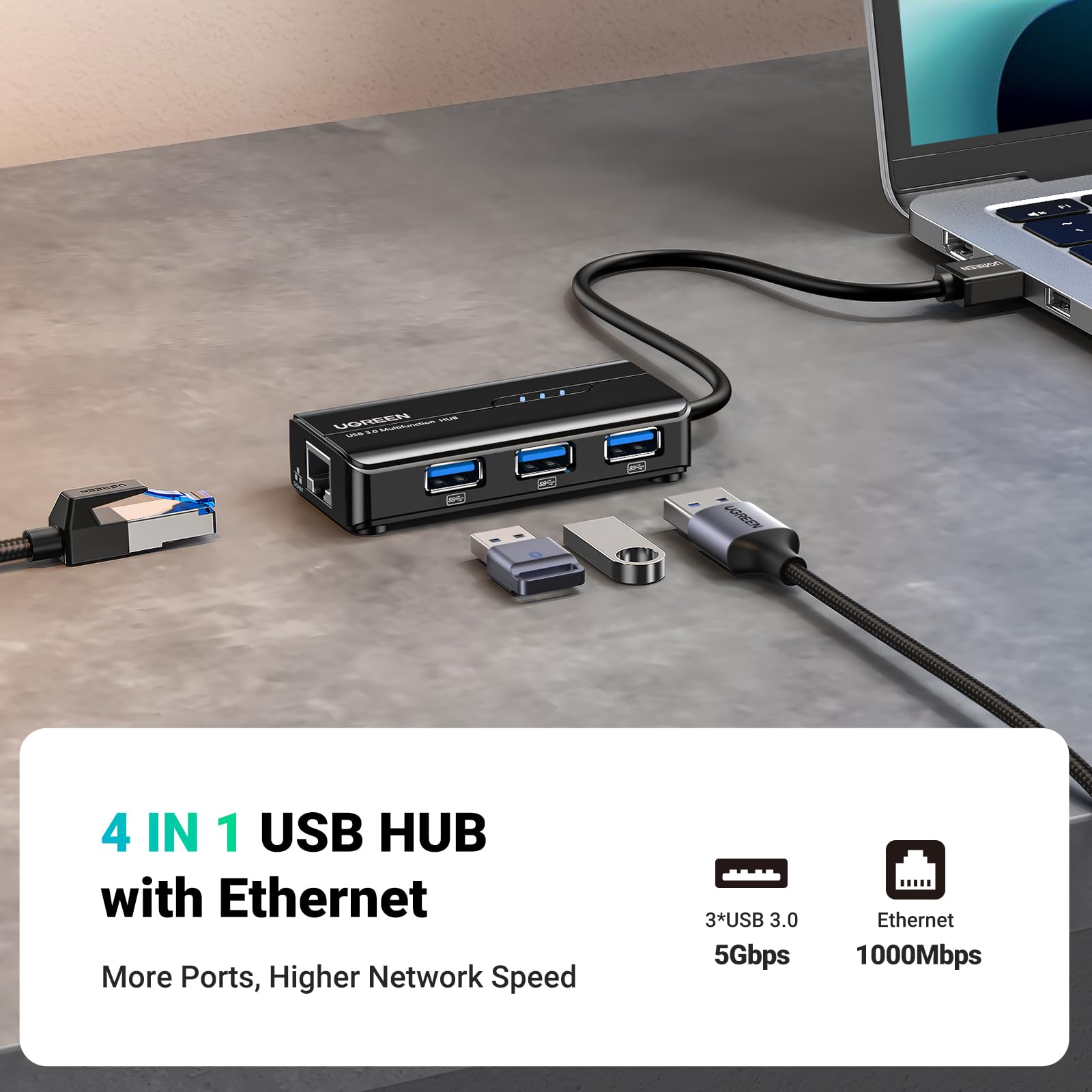 Foto 3 pulgar | Adaptador Ethernet Hub Usb 3.0 Ugreen 5 En 1 Con 3 Usb 3.0 - Venta Internacional.