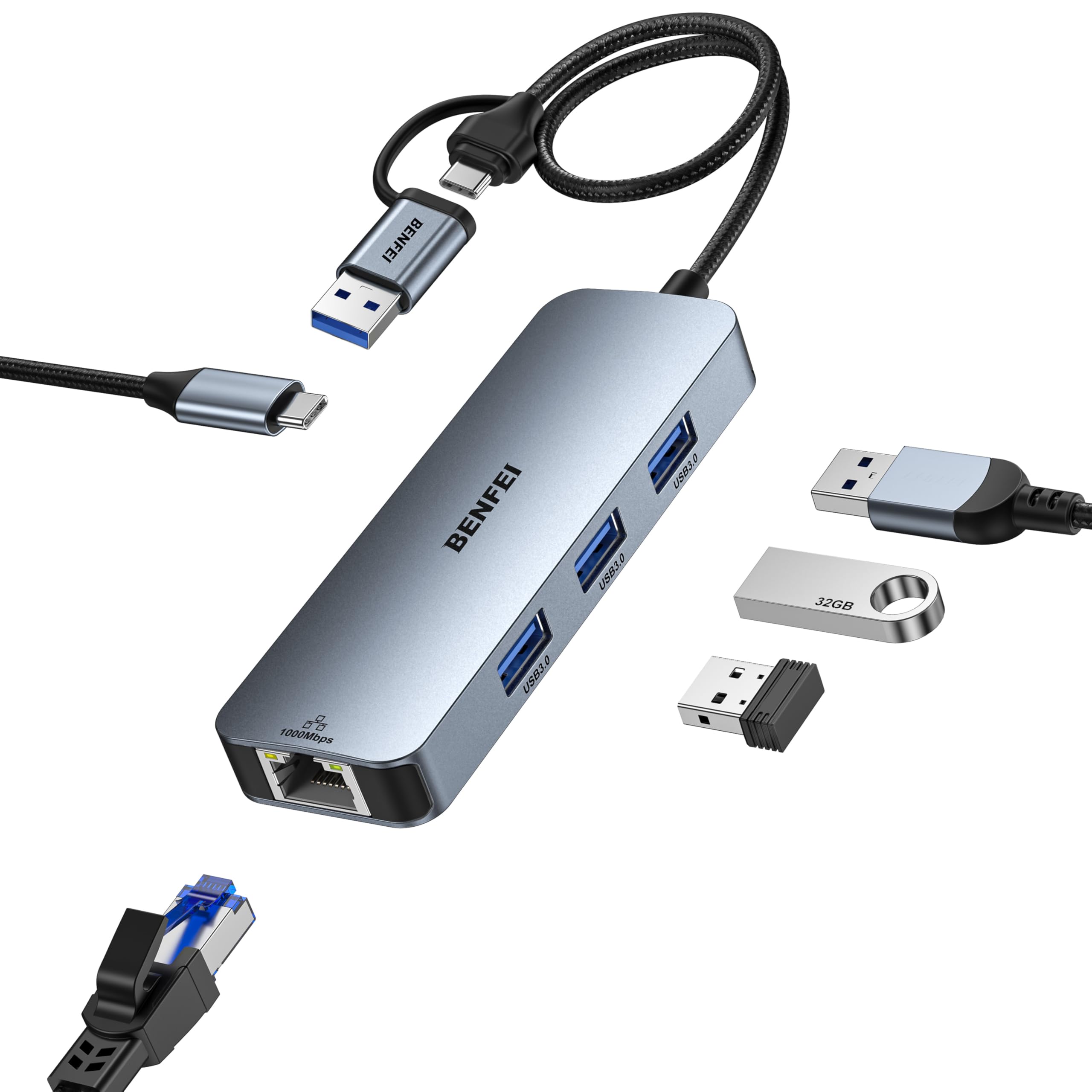 Foto 2 pulgar | Adaptador Usb 3.0 A Gigabit Ethernet Usb-c + Hub Usb 3.0 De 3 Puertos Benfei - Venta Internacional.