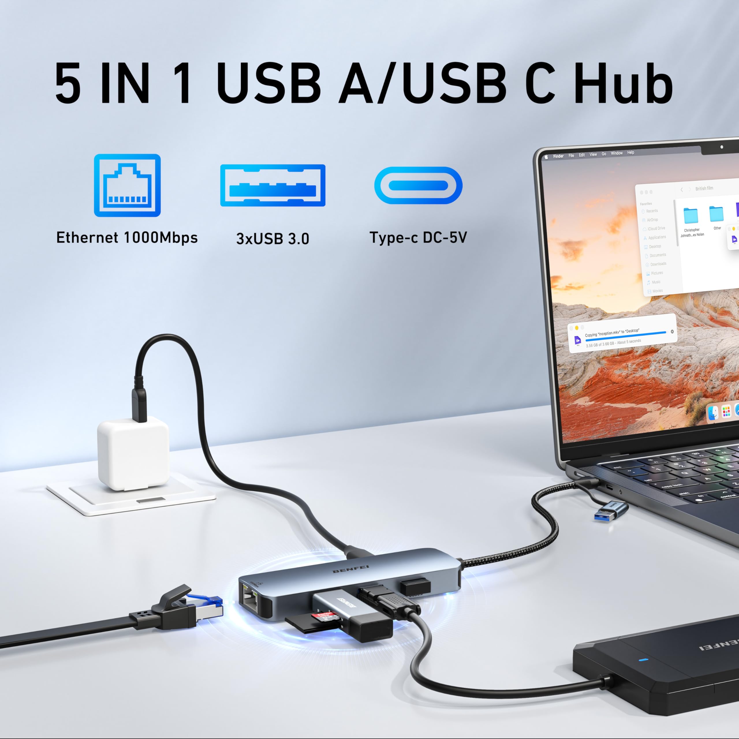 Foto 3 pulgar | Adaptador Usb 3.0 A Gigabit Ethernet Usb-c + Hub Usb 3.0 De 3 Puertos Benfei - Venta Internacional.