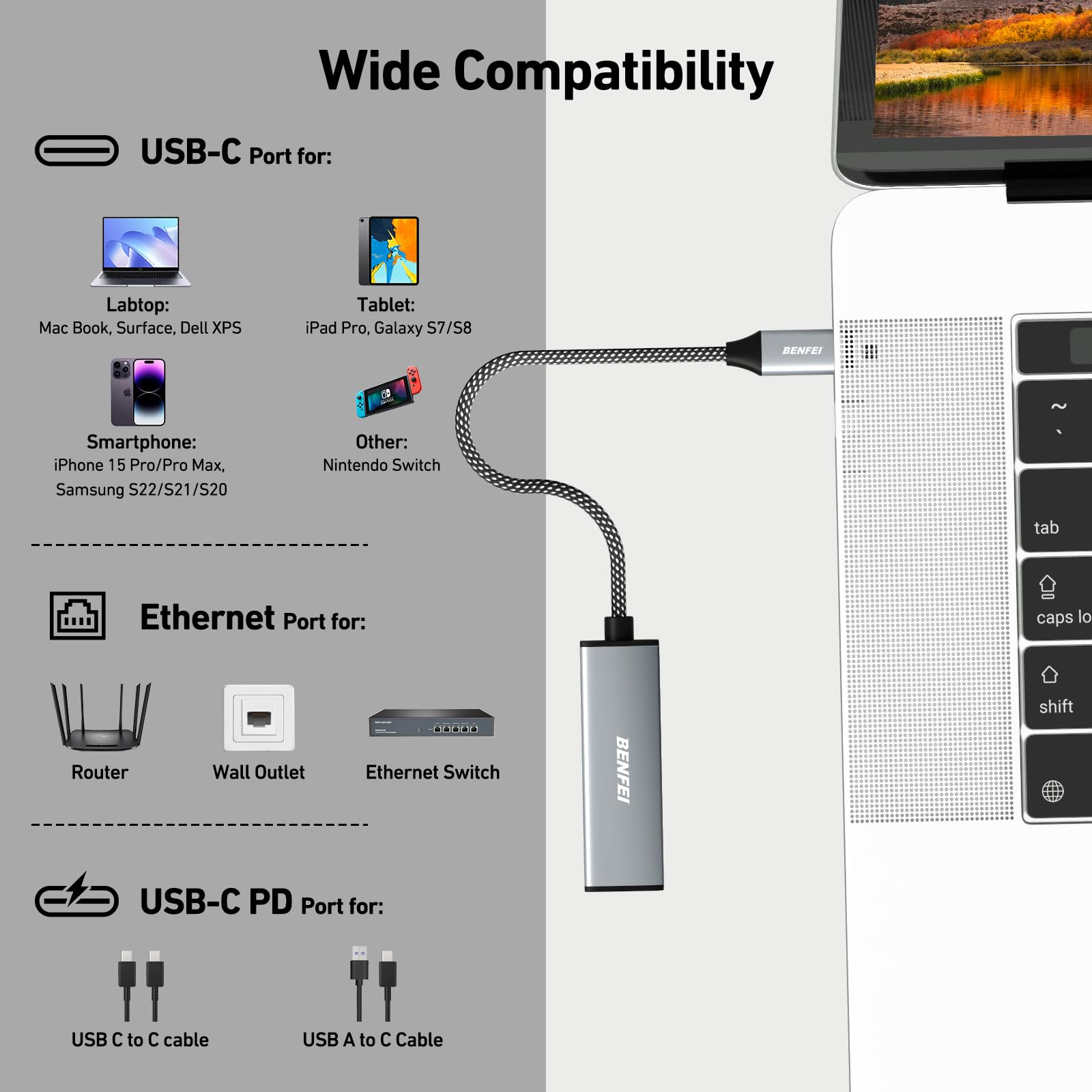 Foto 7 pulgar | Adaptador Usb-c A Ethernet Gigabit Benfei Con Suministro De Alimentación De 100 W - Venta Internacional.