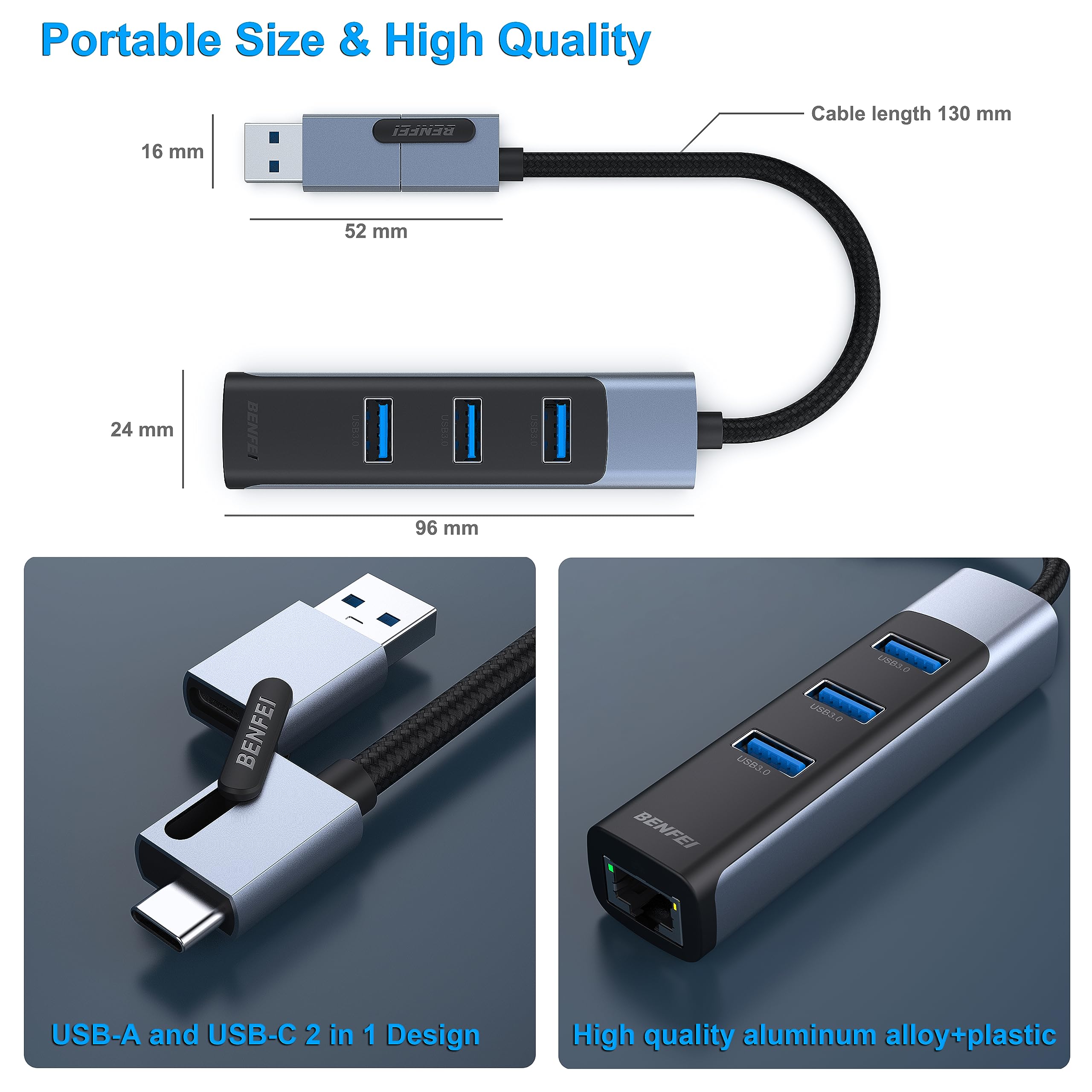 Foto 6 | Adaptador Ethernet Benfei 2 En 1 Usb-c/usb 3.0 Con 3 Puertos Usb 3.0 - Venta Internacional.