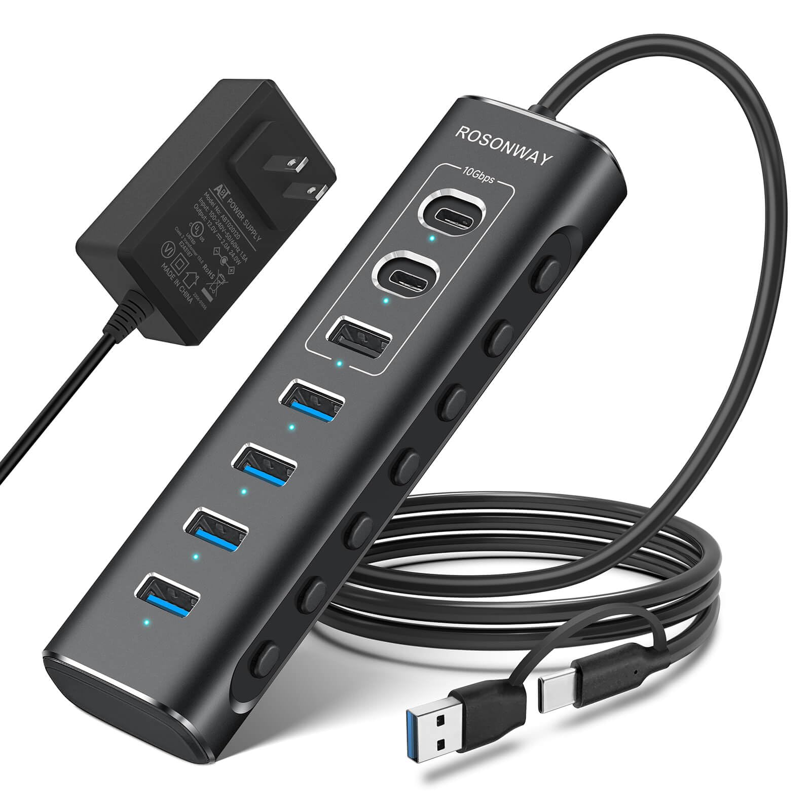 Hub Usb Rosonway De 7 Puertos Usb 3.2/usb C Con Adaptador De 10 Gbps Y 12 V - Venta Internacional.