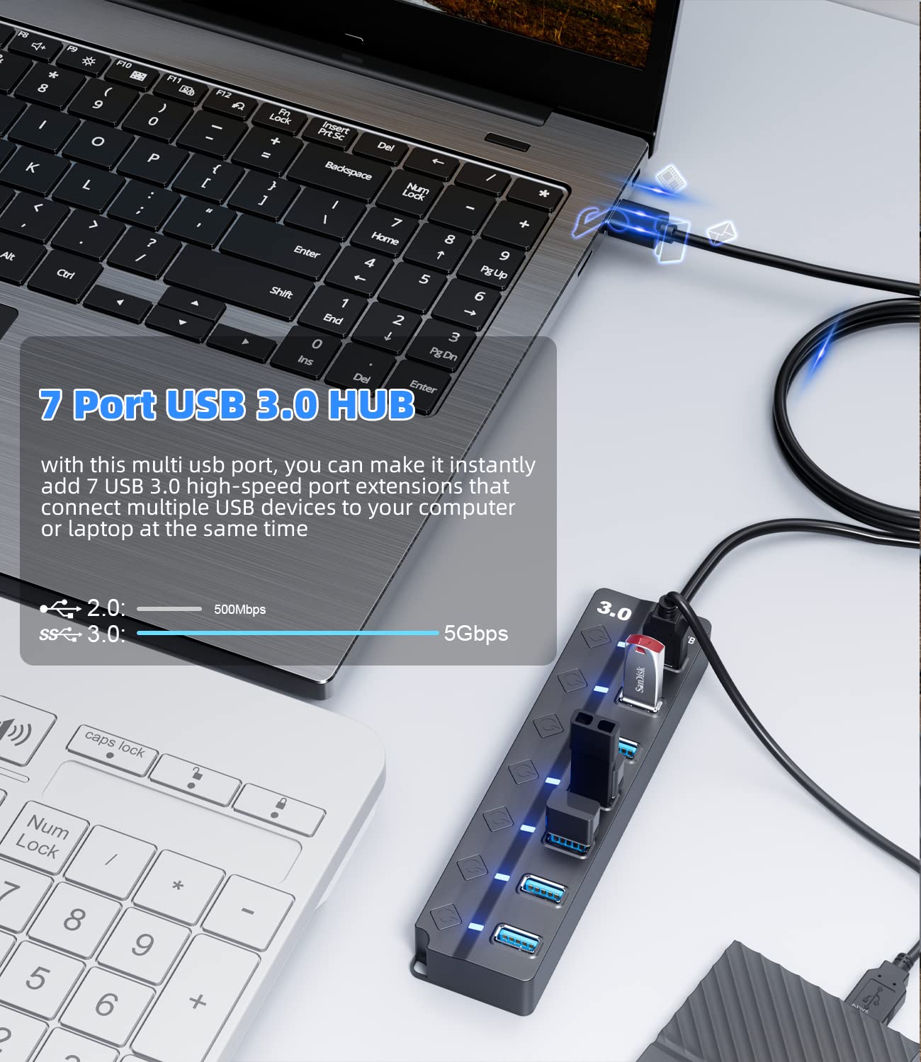 Foto 4 pulgar | Divisor de Datos Usb Usb 3.0 Hub Panpeo de 7 Puertos Con Cable De 1 Metro - Venta Internacional