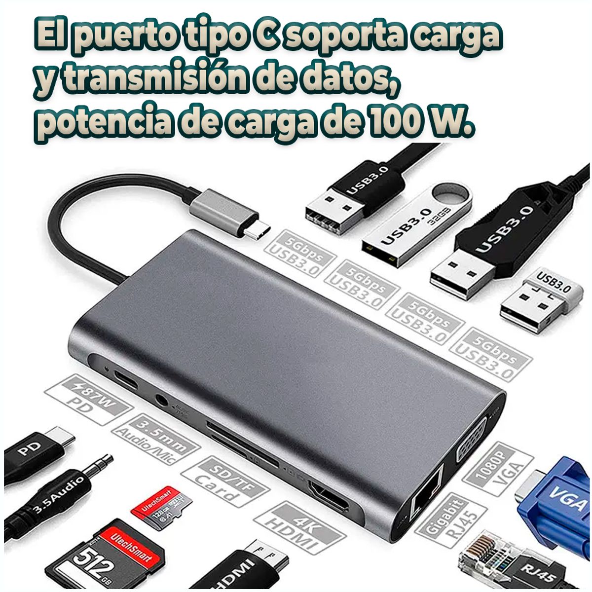 Foto 3 pulgar | Hub Usb Tipo C 11 En 1 Adaptador Multipuerto Con Hdmi  Vga  Usb 3.0  Sd/tf  Lan