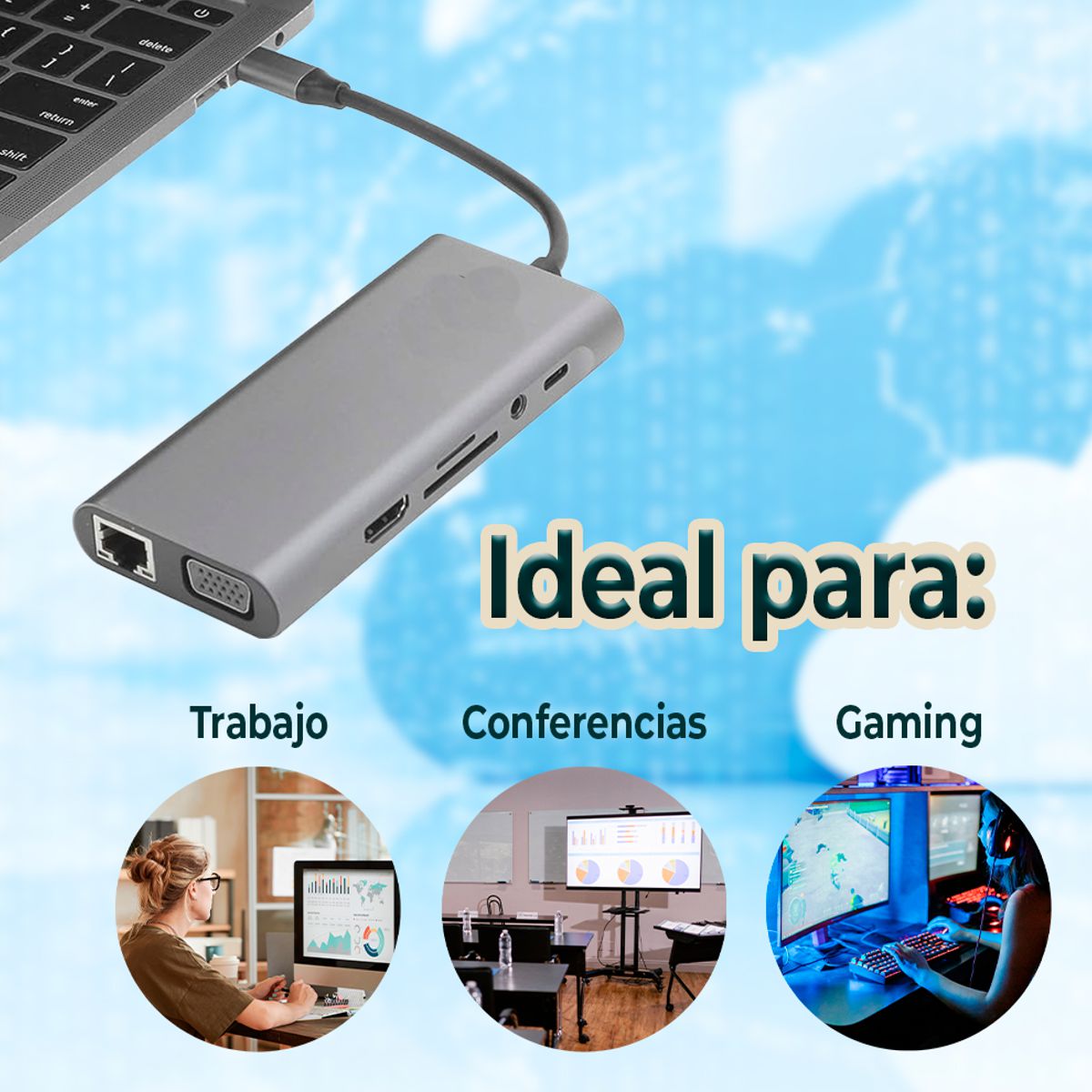 Foto 3 | Hub Usb Tipo C 11 En 1 Adaptador Multipuerto Con Hdmi  Vga  Usb 3.0  Sd/tf  Lan