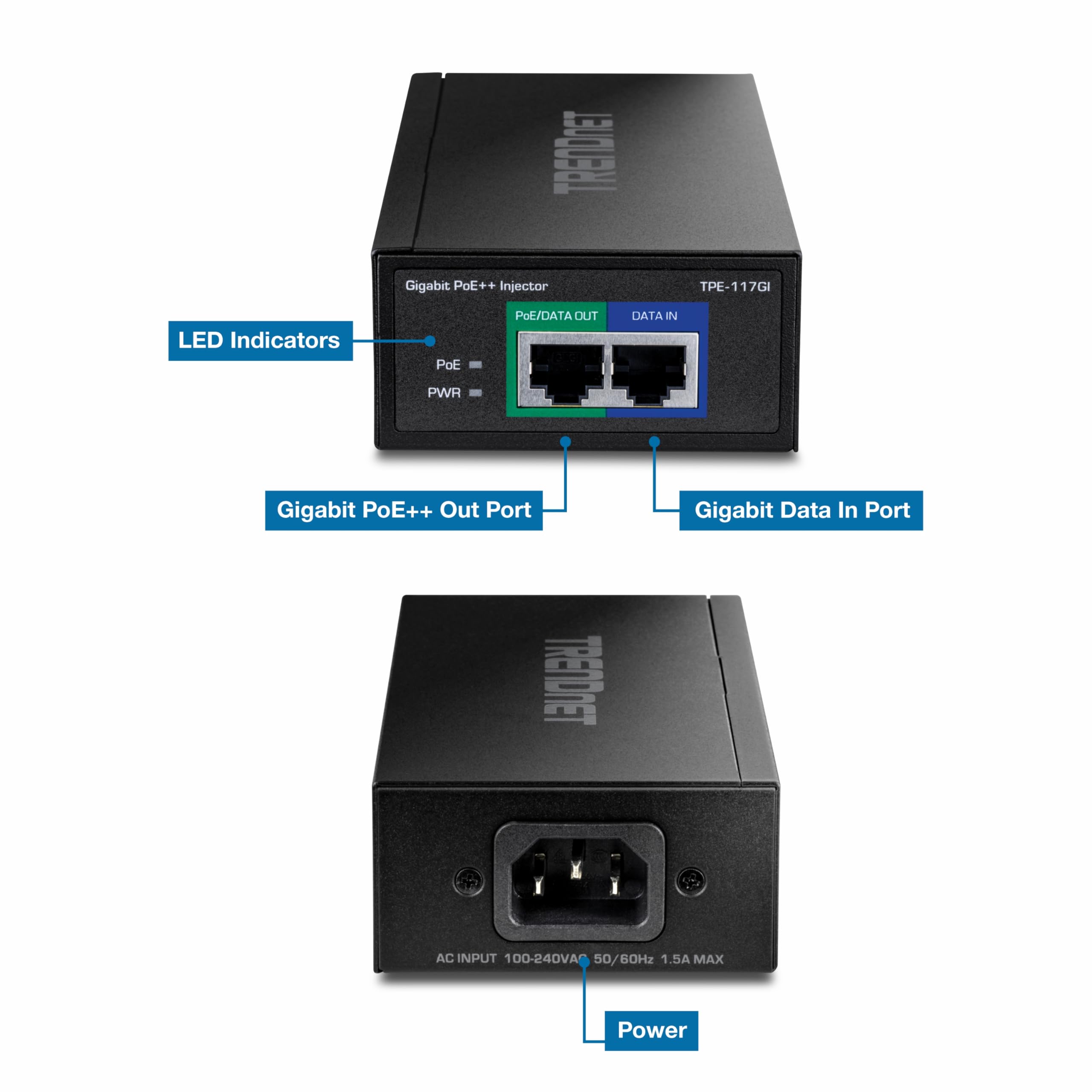 Foto 4 | Inyector Poe++ Trendnet Tpe-117gi Gigabit 60 W Negro - Venta Internacional.