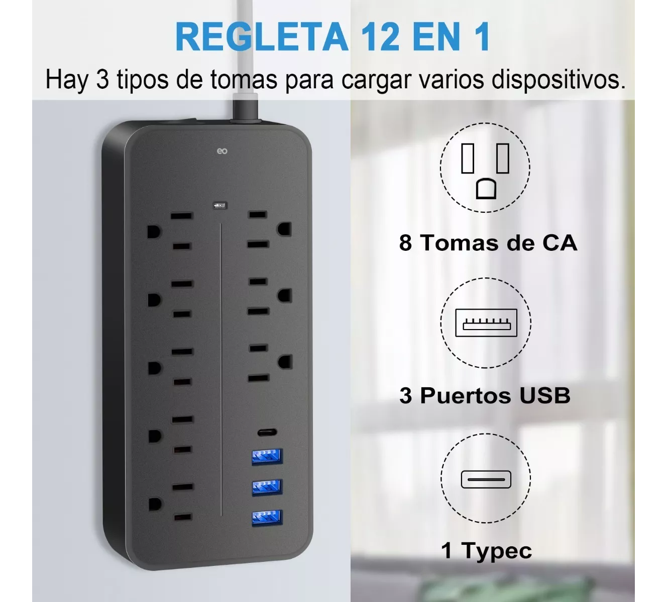 Foto 3 pulgar | Language Regleta Multicontactos Con 8 Salidas 3 Usb 1 Tipo C Eo Safe Imports  Esi-5075-1 Negro