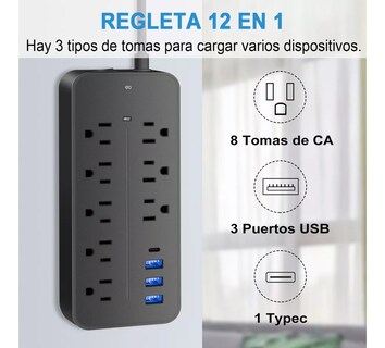 Foto 2 | Language Regleta Multicontactos Con 8 Salidas 3 Usb 1 Tipo C Eo Safe Imports Esi-5075-1 Negro