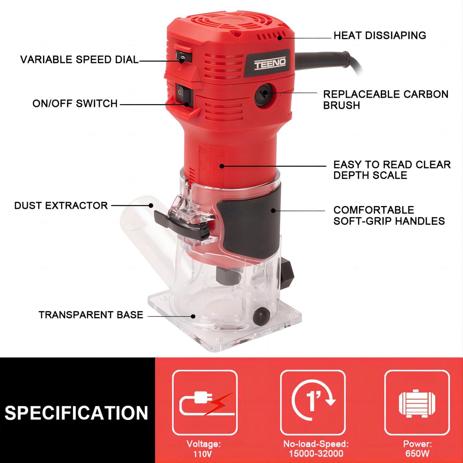 Foto 4 pulgar | Enrutador Para Madera Teeno 650 W 110 V 32000 Rpm Con Juego De Brocas De Fresado - Venta Internacional.