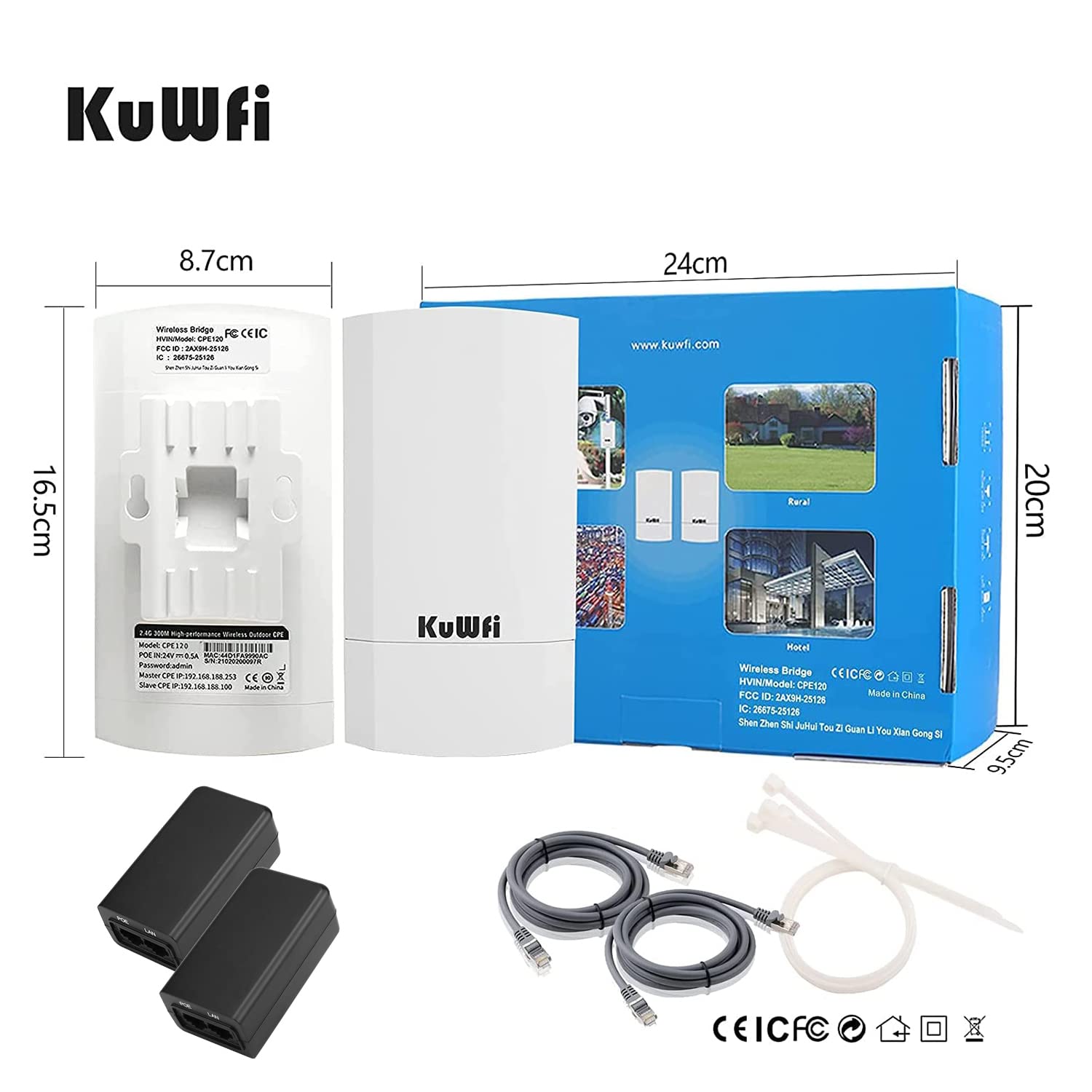 Foto 6 pulgar | Puente Inalámbrico Kuwfi Cpe120 De 300 Mbps Para Exteriores, Alcance De 1 Km, Paquete De 2 - Venta Internacional.