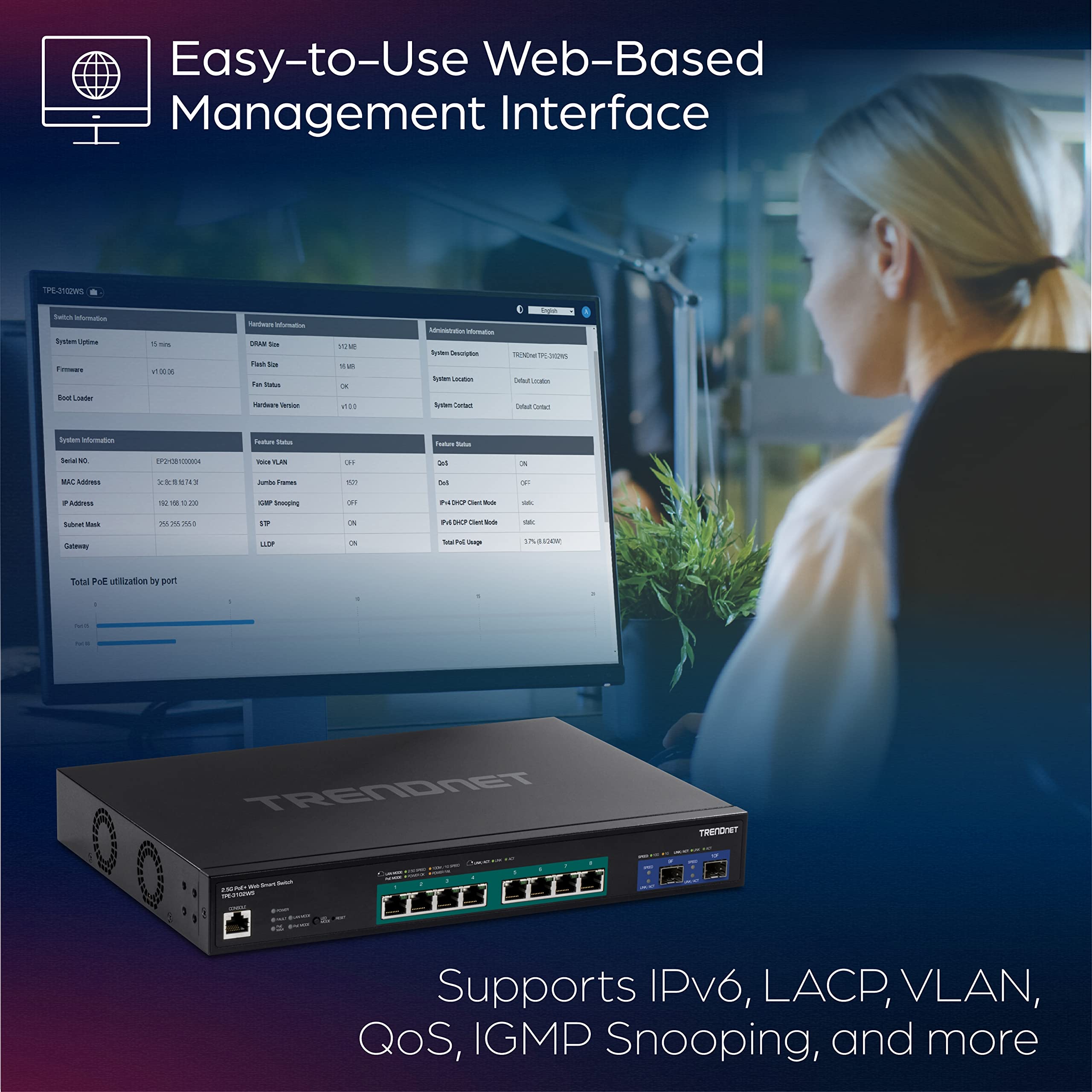 Foto 3 | Conmutador Trendnet Tpe-3102ws Web Smart Poe+ de 10 Puertos- Venta Internacional