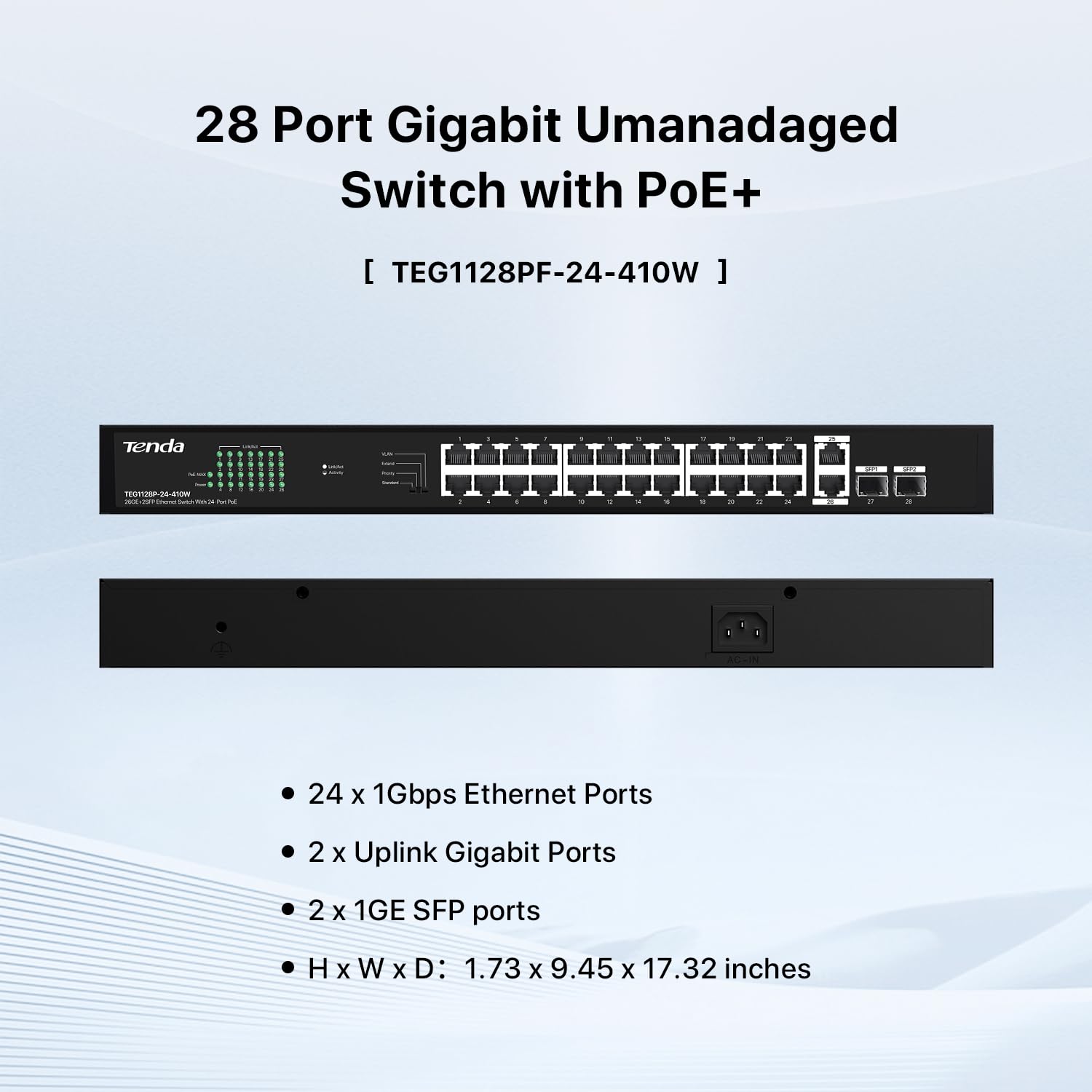 Foto 3 pulgar | Conmutador Poe Tenda Teg1128p De 24 Puertos Gigabit Con 24 Puertos Poe+ De 410 W - Venta Internacional.