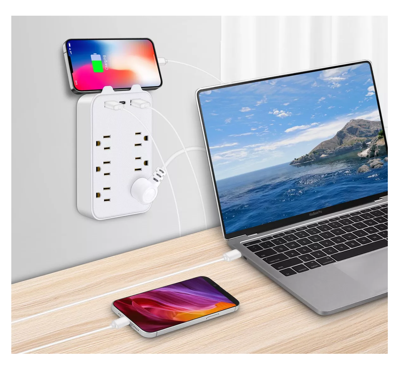 Foto 5 pulgar | Adaptador De Pared Multicontactos,6toma,2 Usb,1 Tipo C 2 Pcs, Blanco