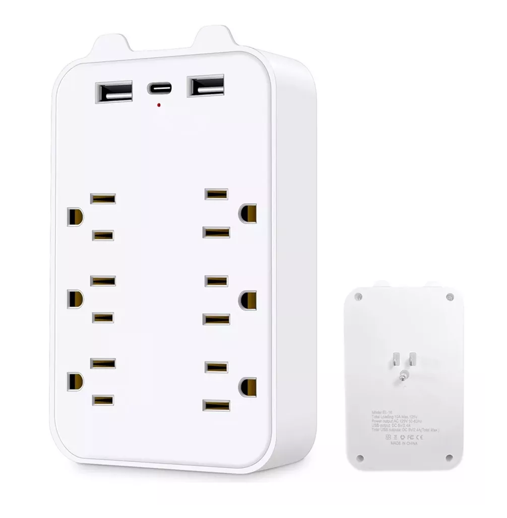 Foto 6 pulgar | Adaptador De Pared Multicontactos,6toma,2 Usb,1 Tipo C 2 Pcs, Blanco