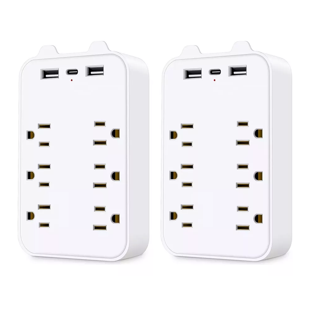 Adaptador De Pared Multicontactos,6toma,2 Usb,1 Tipo C 2 Pcs, Blanco