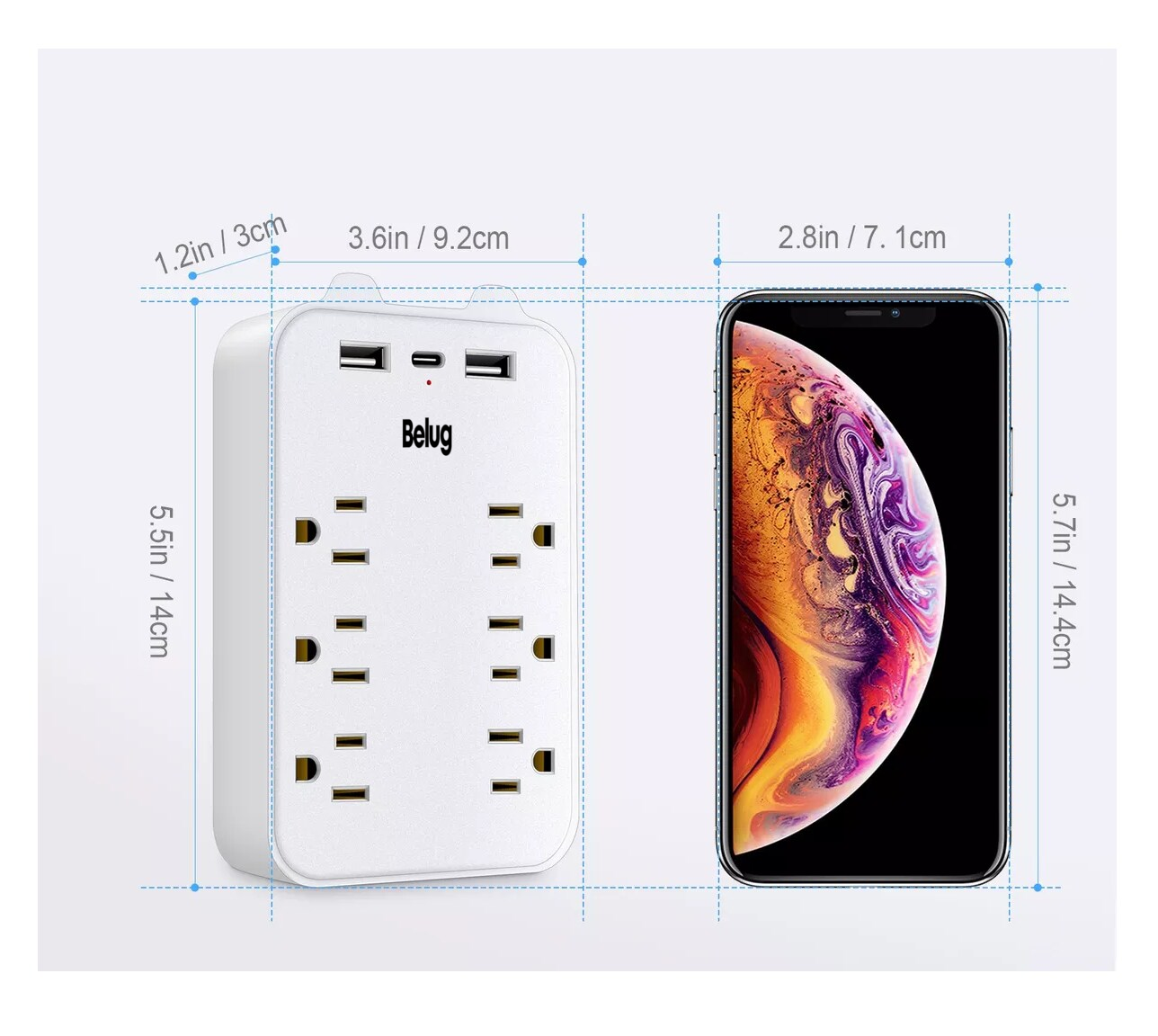 Foto 3 | Adaptador De Pared Multicontactos,6toma,2 Usb,1 Tipo C 2 Pcs, Belug  Blanco