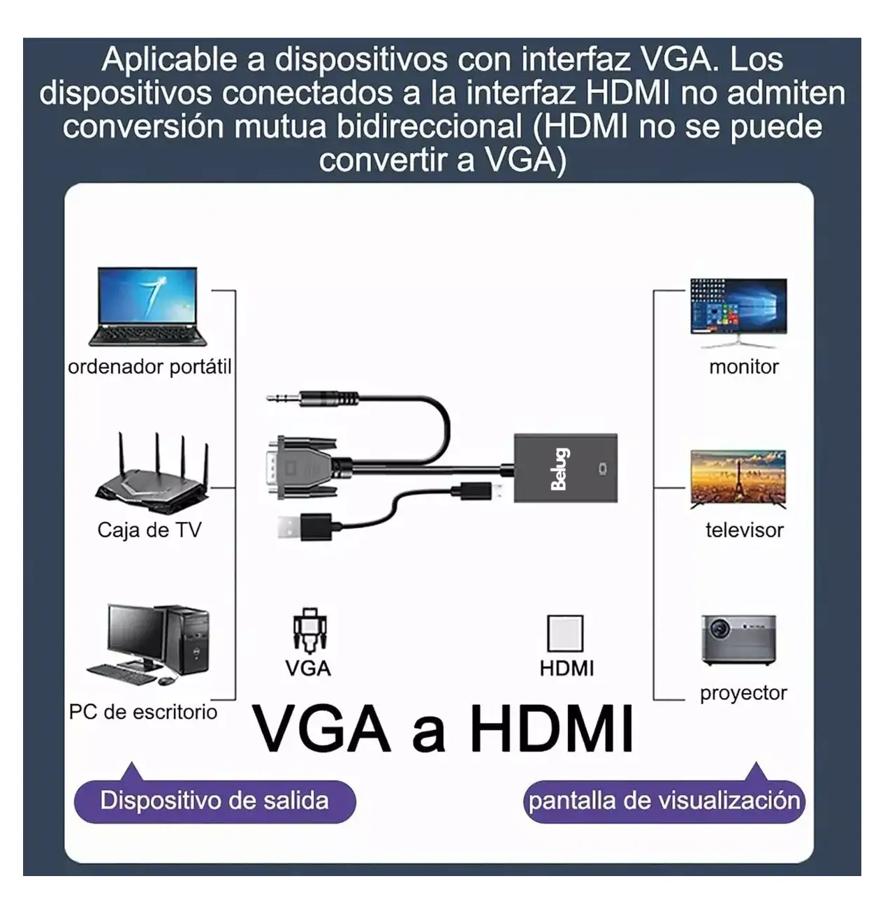 Foto 6 pulgar | Convertidor Vga A Hdmi Adaptadores Full Hd 1080p 1.8m Belug Cable Negro