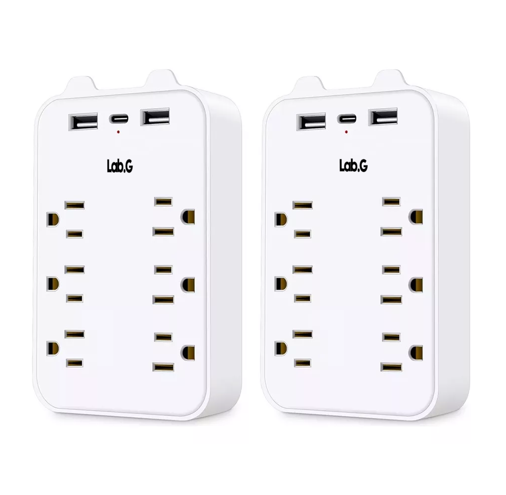 Adaptador De Pared Multicontactos,6toma,2 Usb,1 Tipo C 2 Pcs, Blanco