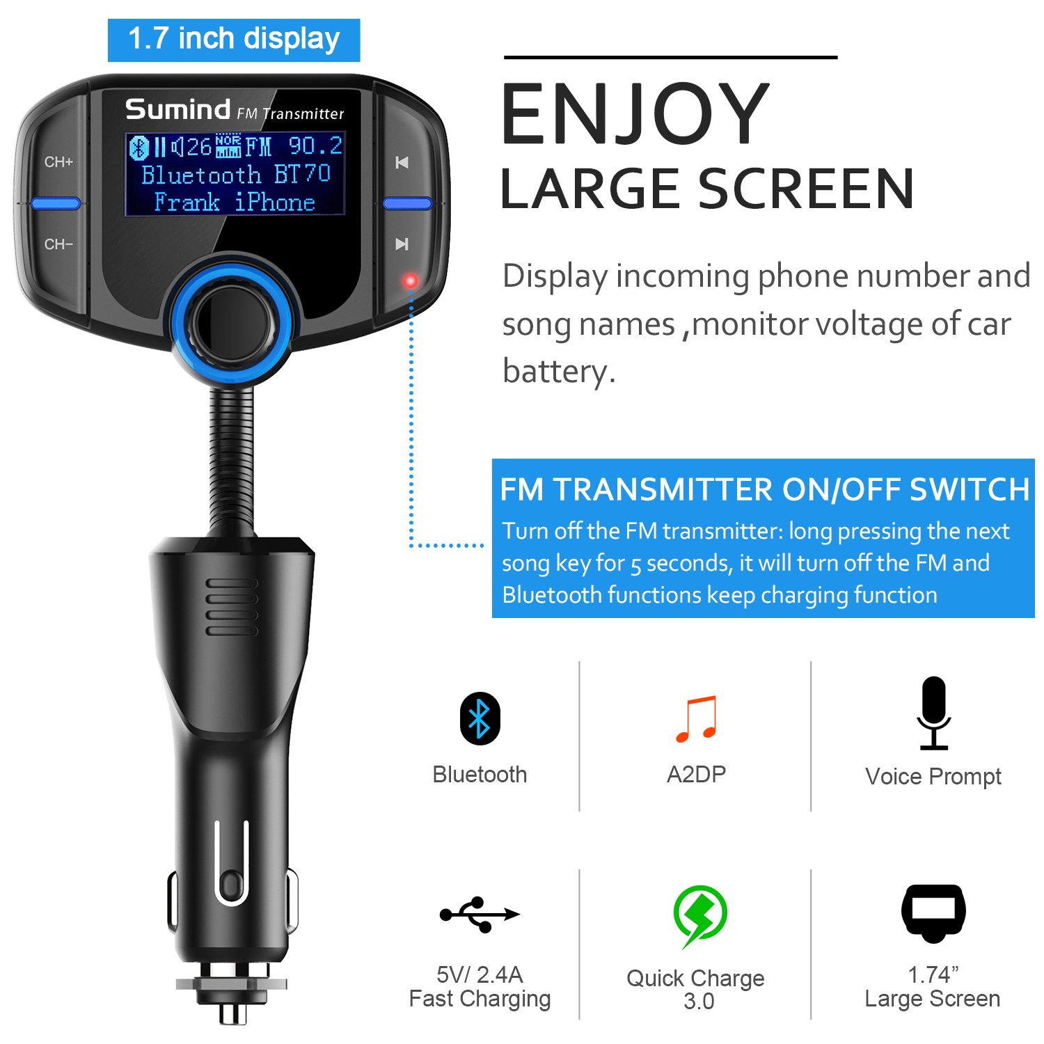 Foto 3 | (versión Mejorada) Transmisor Fm Bluetooth Sumind Con Pantalla De 1.7 Pulgadas - Venta Internacional.