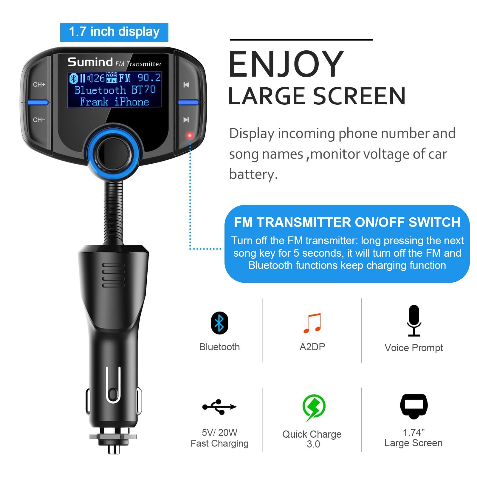 Foto 4 pulgar | Transmisor Fm Bluetooth Sumind Con Pantalla Pd Mejorada De 1.7 Pulgadas - Venta Internacional.
