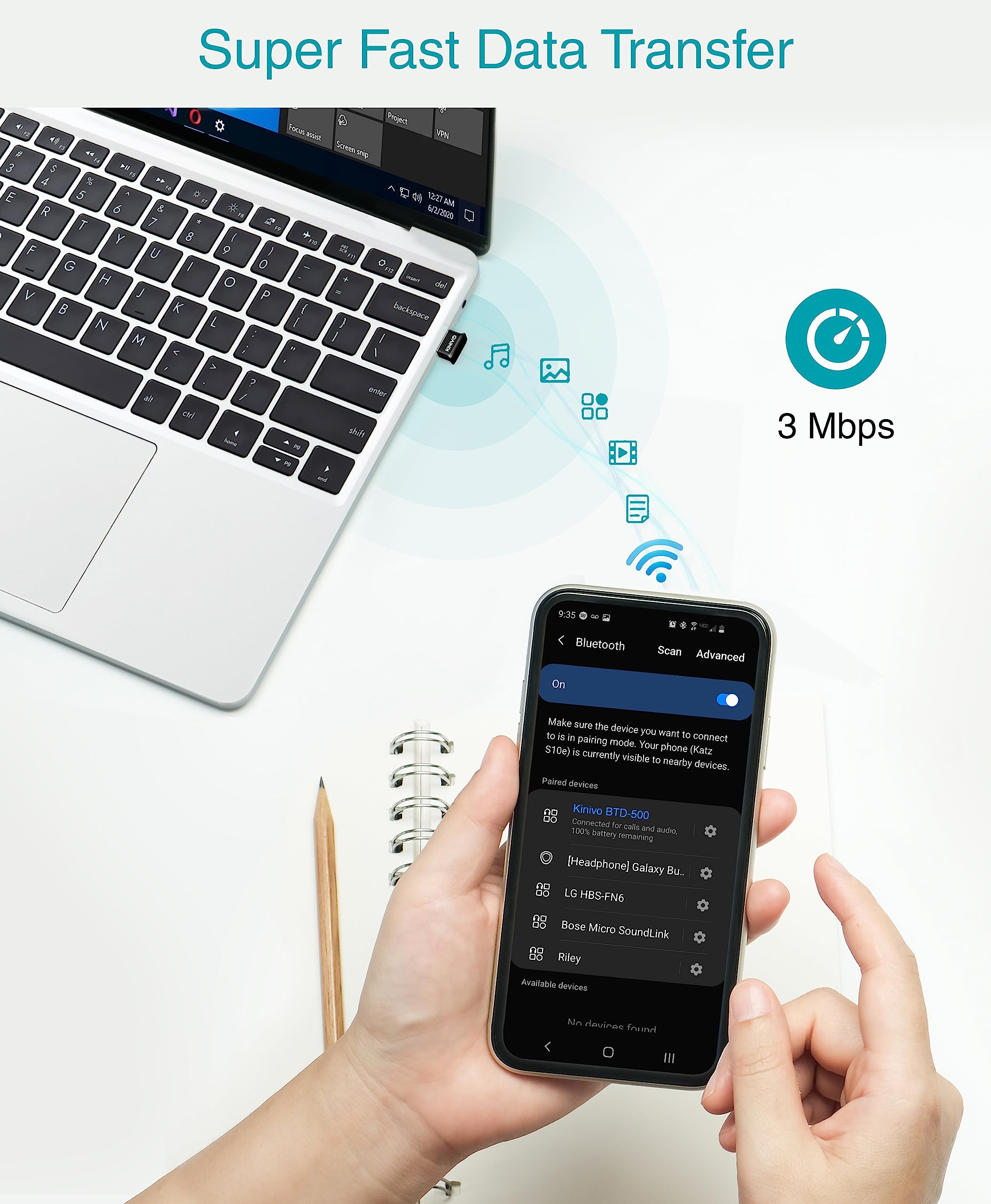 Foto 6 pulgar | Adaptador Usb Bluetooth Kinivo Bt5.0 Para Pc Windows 11/10/8.1 - Venta Internacional.