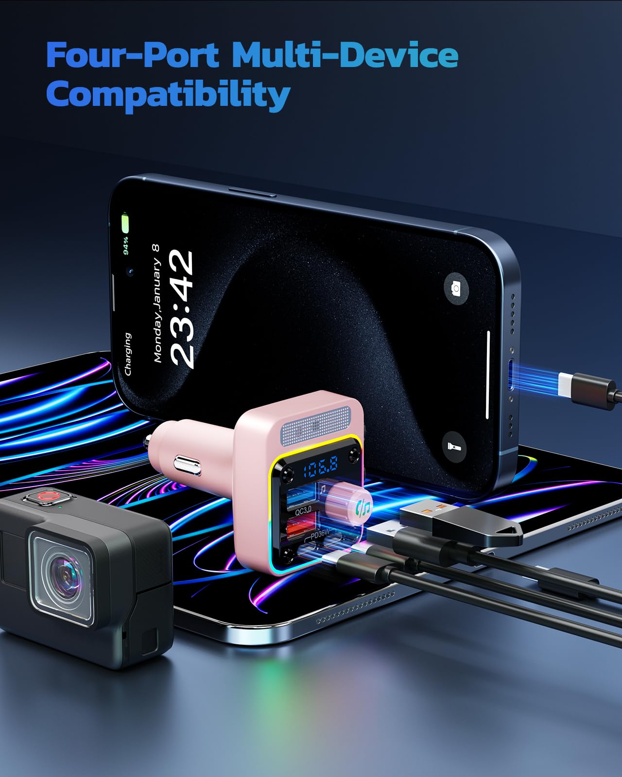 Foto 7 pulgar | Adaptador Bluetooth Para Coche Nulaxy Bc91 54 W Con 4 Puertos De Carga  Color Rosa - Venta Internacional.