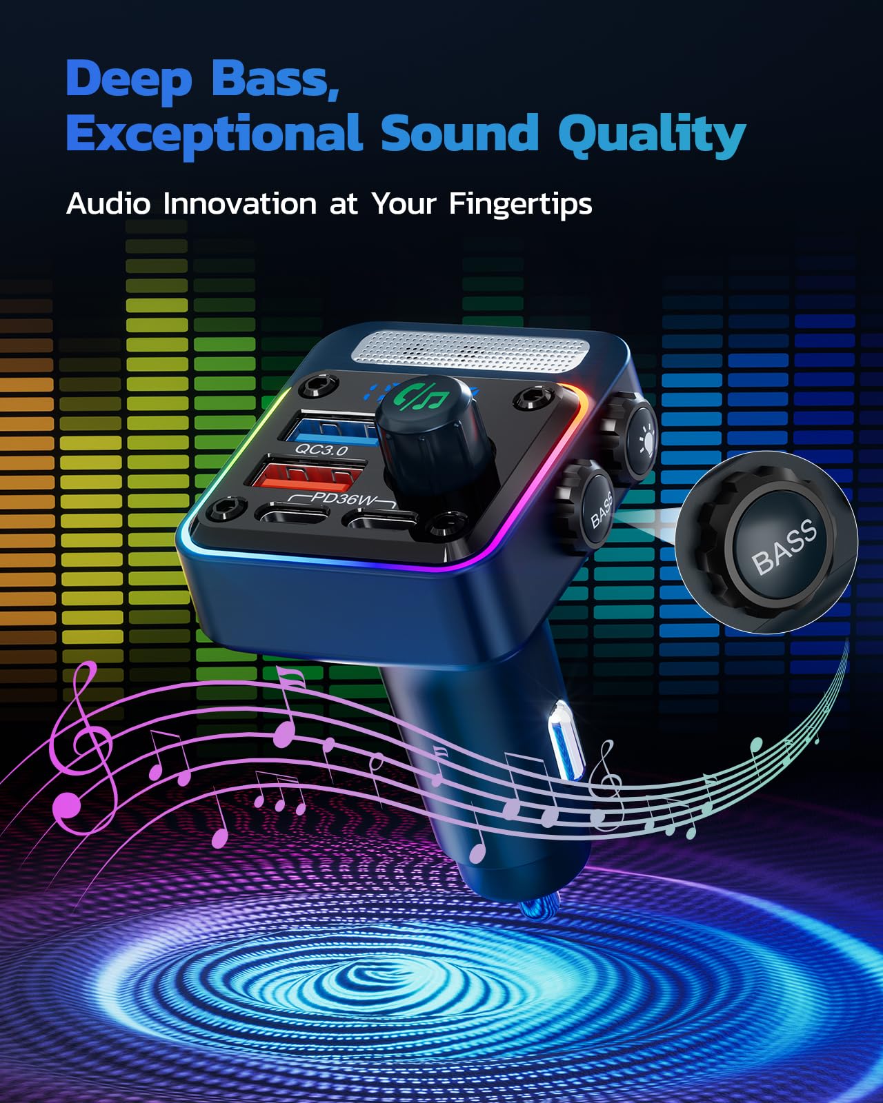 Foto 5 pulgar | Adaptador Bluetooth Para Coche Nulaxy Bc91 De 54 W Con 4 Puertos De Carga  Color Azul - Venta Internacional.