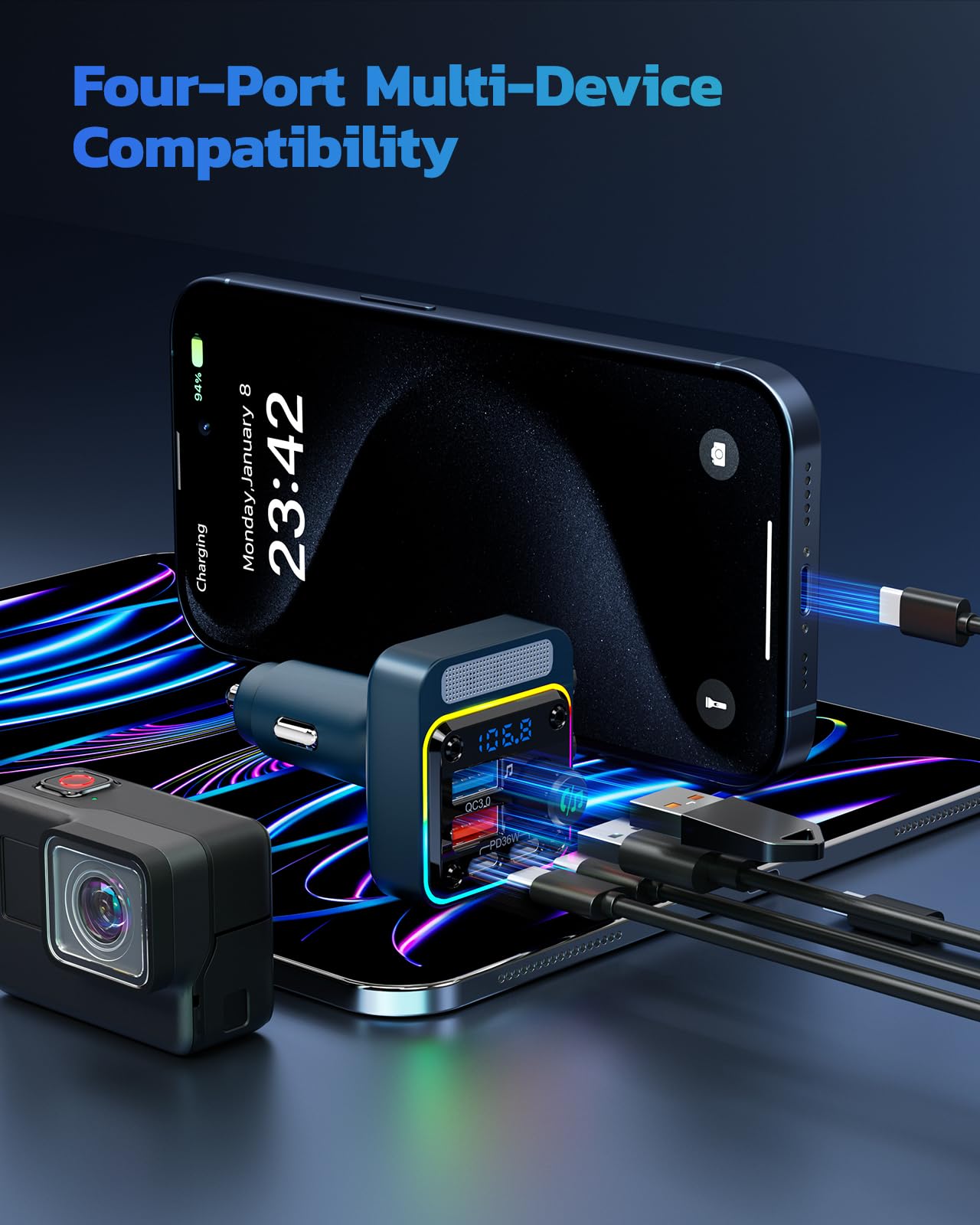Foto 6 | Adaptador Bluetooth Para Coche Nulaxy Bc91 De 54 W Con 4 Puertos De Carga  Color Azul - Venta Internacional.