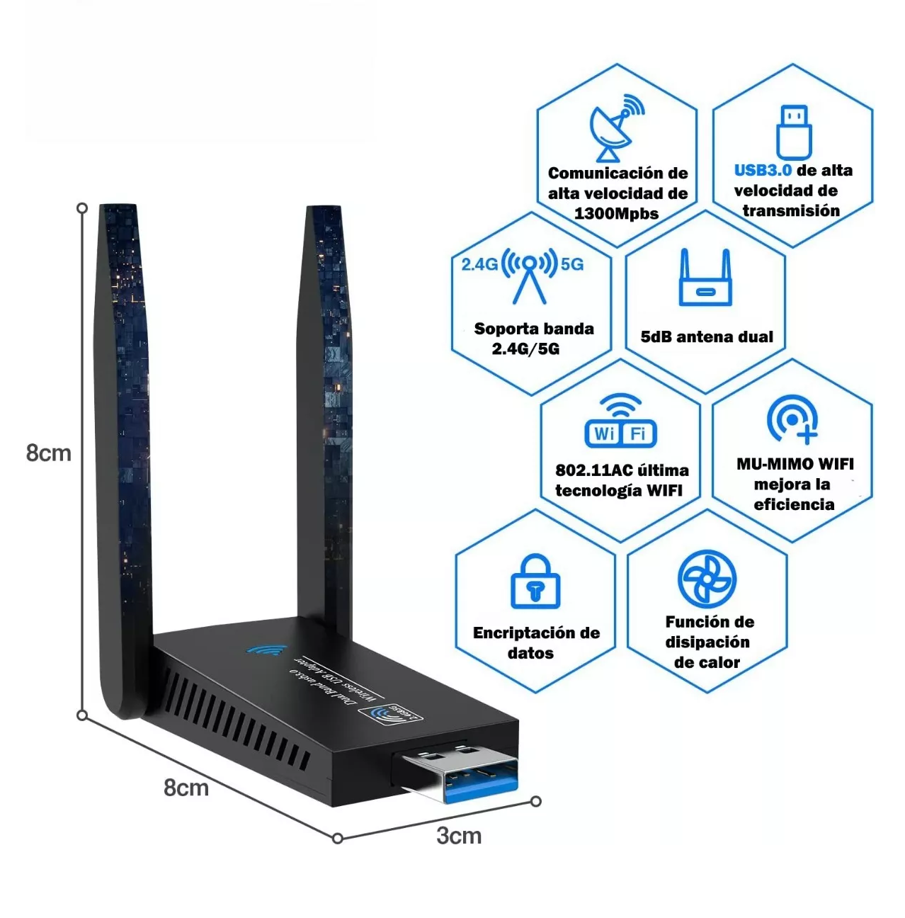 Foto 7 pulgar | Adaptador Wifi Usb 3.0 De Banda Dual para Pc 1300mbps 5ghz Negro