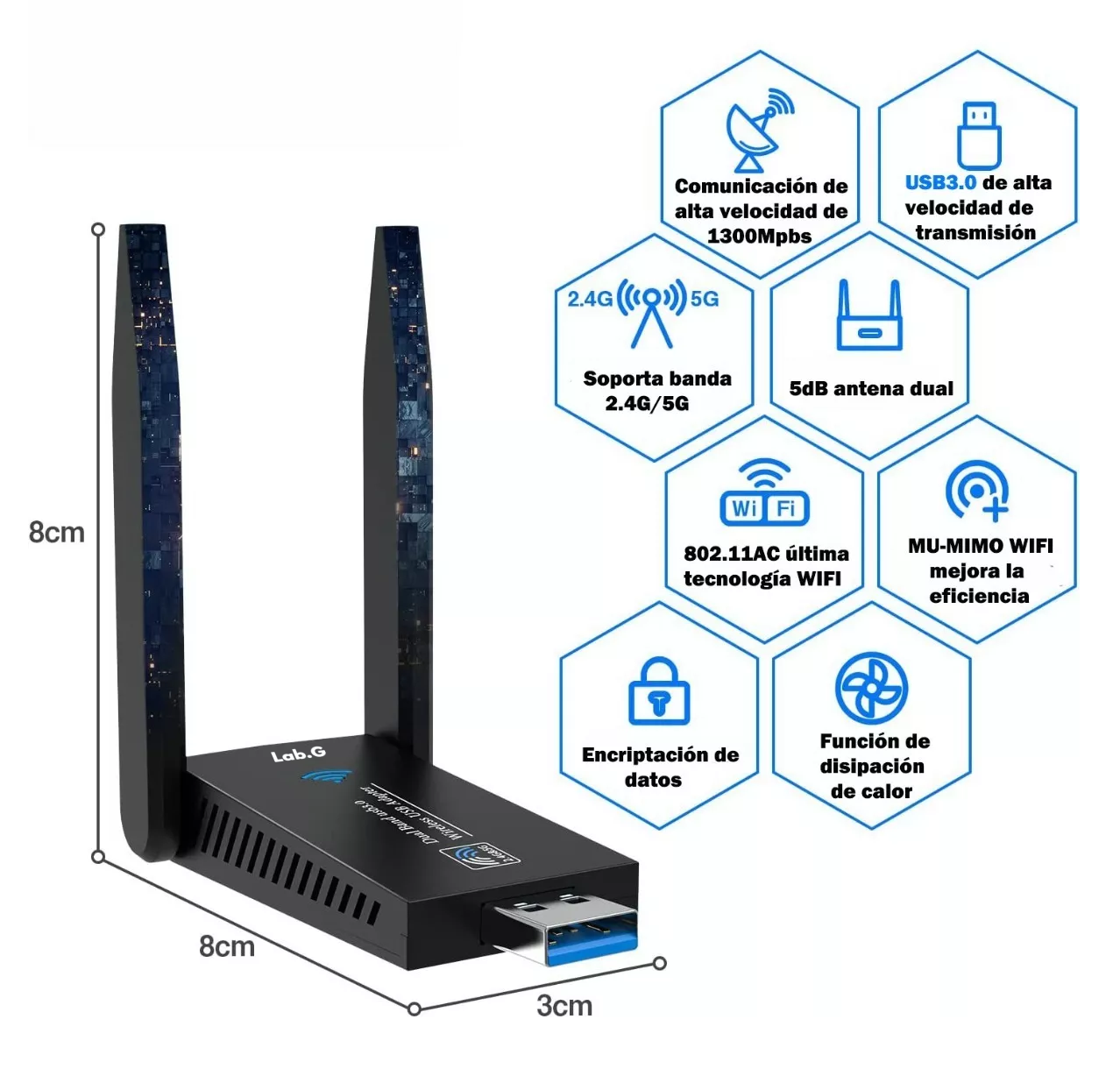 Foto 5 pulgar | Adaptador Wifi Usb 3.0 De Banda Dual Para Pc 1300mbps 5ghz, Negro